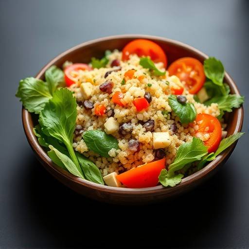 A bowl of vibrant quinoa salad with mixed vegetables.
