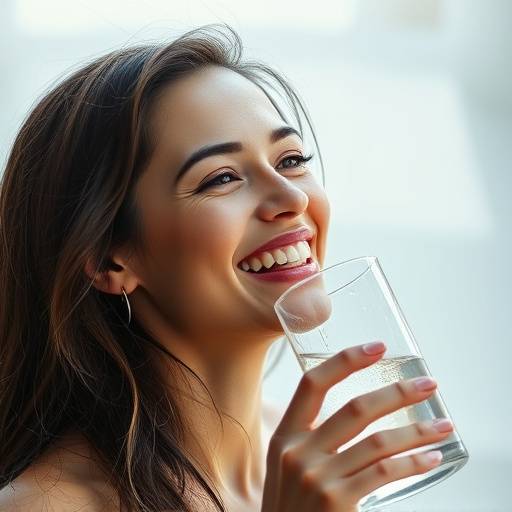 A smiling woman drinking a glass of water
