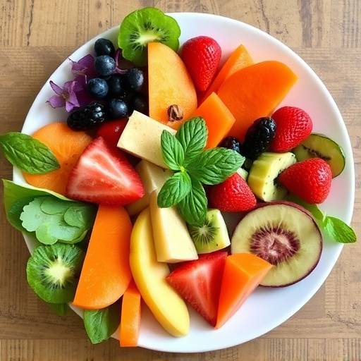 A vibrant plate of fresh fruits and vegetables, showcasing a colorful and healthy diet