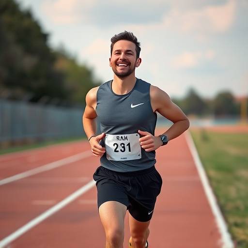 Person running on a track outdoors, smiling