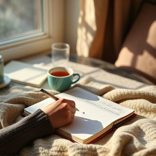 Person writing in a journal with a cup of tea nearby