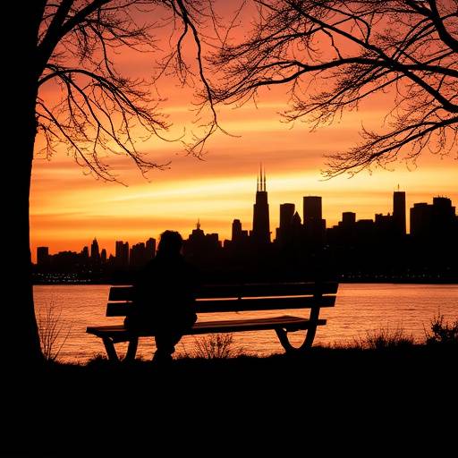 Silhouette of a person sitting on a bench looking thoughtfully at the city skyline